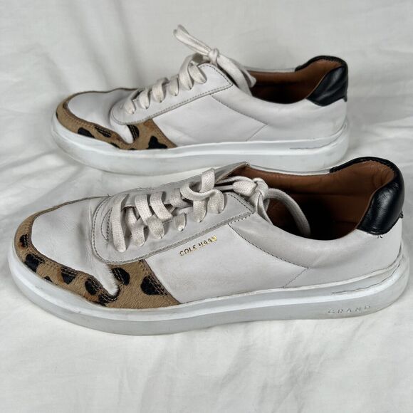 Cole Haan Women's GrandPro Sneaker 9 White Leather Leopard Horse/Cow Hair Trim - Picture 6 of 10